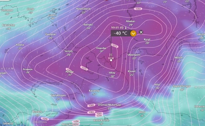 Khối không khí lạnh cực mạnh ở Siberia (Nga) và Mông Cổ sẽ tràn xuống Việt Nam vào sát Tết. Ảnh: Windy.com