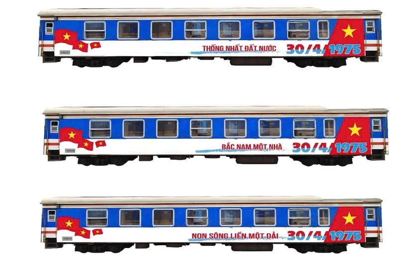 Phối cảnh “Đoàn tàu Thống Nhất” được thiết kế riêng, mang đậm dấu ấn của sự kiện lịch sử. (Ảnh: VNR)
