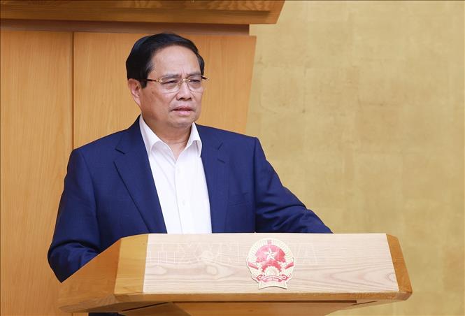 Thủ tướng Phạm Minh Chính chủ trì Phiên họp Chính phủ chuyên đề về xây dựng pháp luật tháng 5 năm 2025. Ảnh: Dương Giang/TTXVN