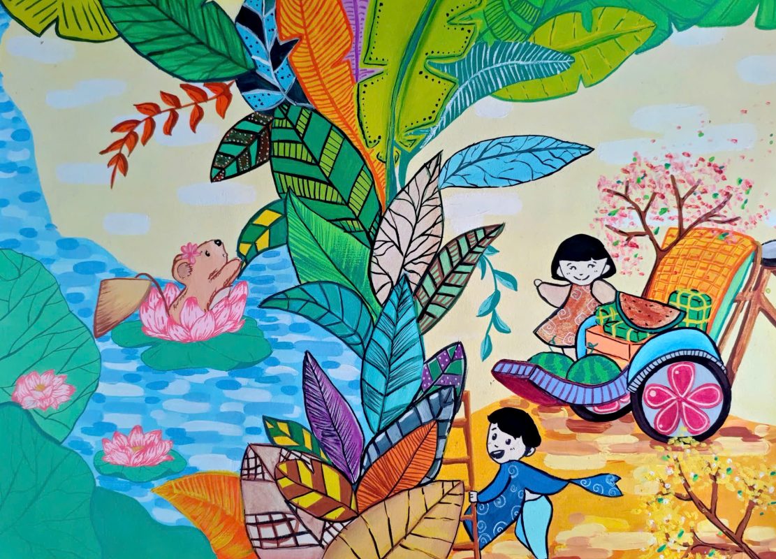 Bức tranh “Làng quê” của em Nguyễn Minh (11 tuổi) trưng bày tại triển lãm.  Ảnh: BẢO TÀNG MỸ THUẬT ĐÀ NẴNG