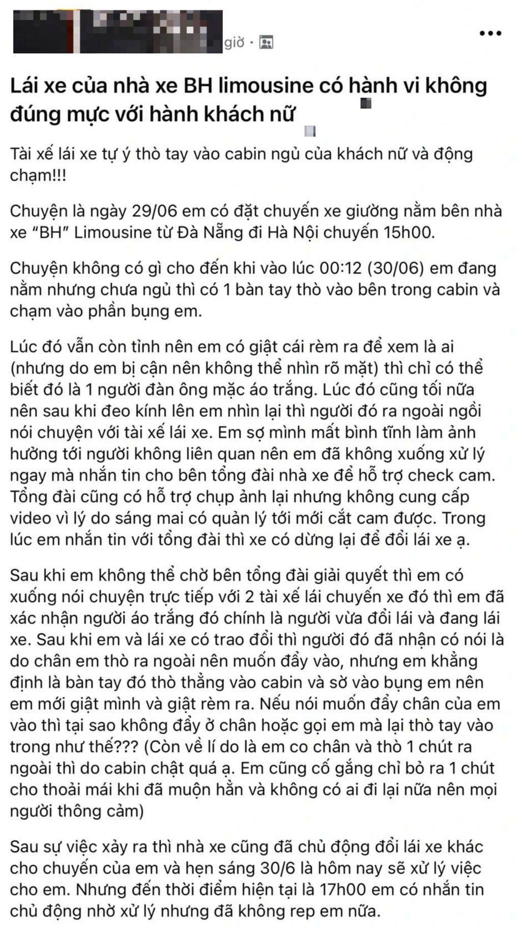 Cô gái tố bị tài xế limousine sờ vào bụng trên tuyến Đà Nẵng - Hà Nội - 1 Cô gái tố bị tài xế limousine sờ vào bụng trên tuyến Đà Nẵng - Hà Nội - 1